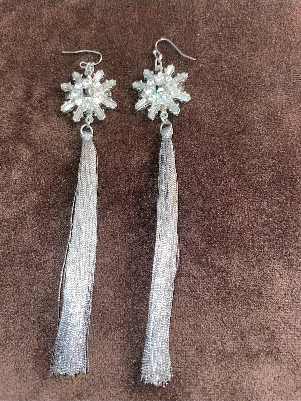 Silver Crystal Snowflake Tassel Drop Earrings
